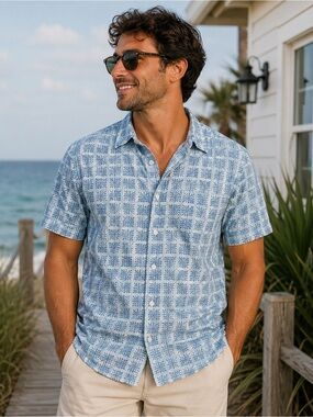 Mountain  and isles Casual Blue Patterned Button-Down Shirt
